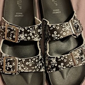 Capelli of New York Black and White Floral Double-Strap Sandals